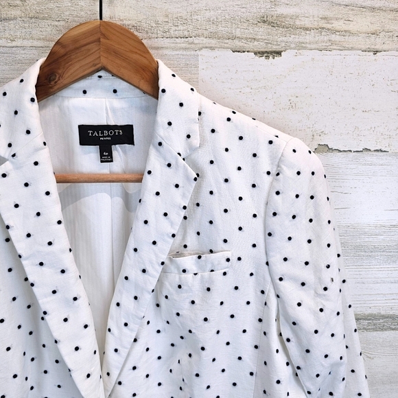 Talbots Linen & Cotton Polka Dot Blazer 6P White Navy Preppy Light Academia Chic - Picture 11 of 16